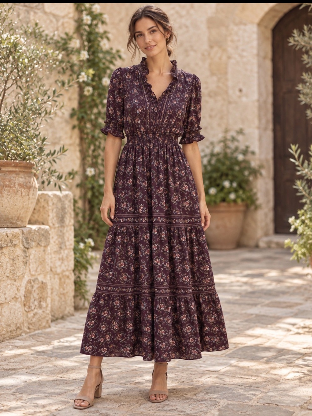 Max Studio Plum Floral Smocked Waist Tiered Ruffle V-Neck Boho